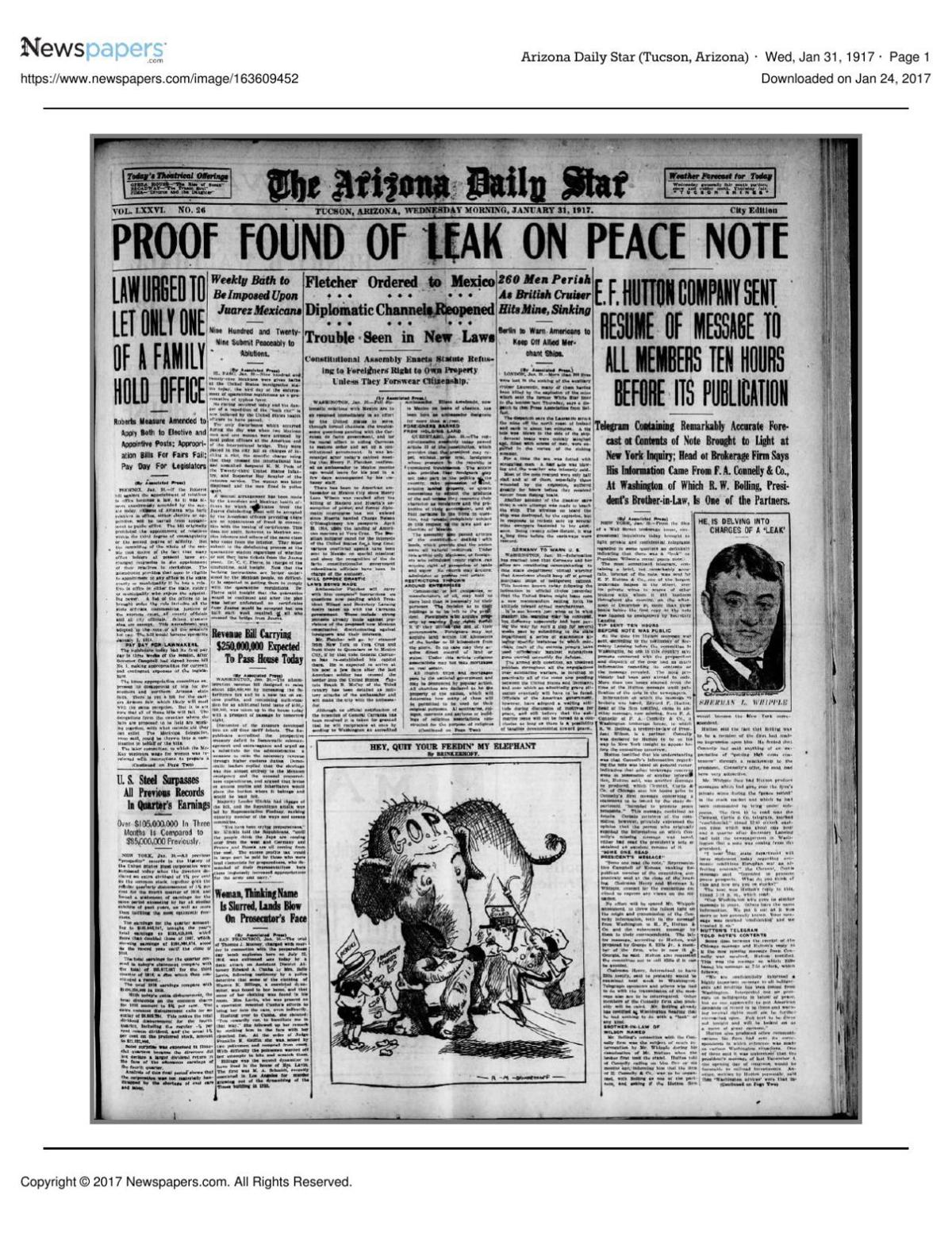 Arizona Daily Star front page Jan. 31, 1917