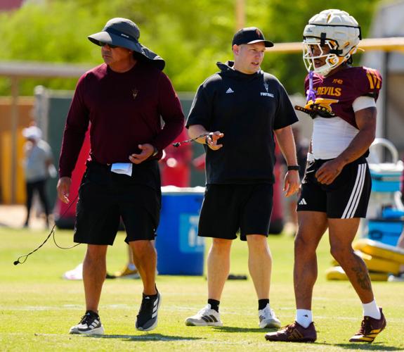 Arizona State head coach Kenny Dillingham watches his team as they run drills during a spring practice at Kajikawa practice fields in Tempe, Ariz. on April 14, 2026.
