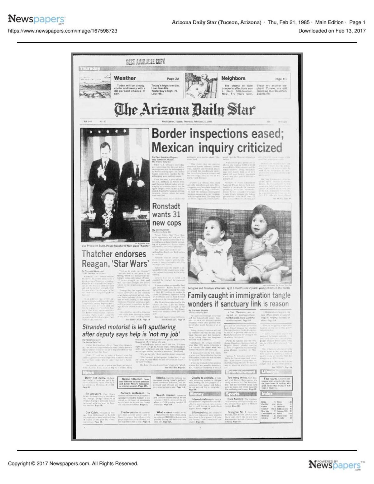Arizona Daily Star front page Feb. 21, 1985