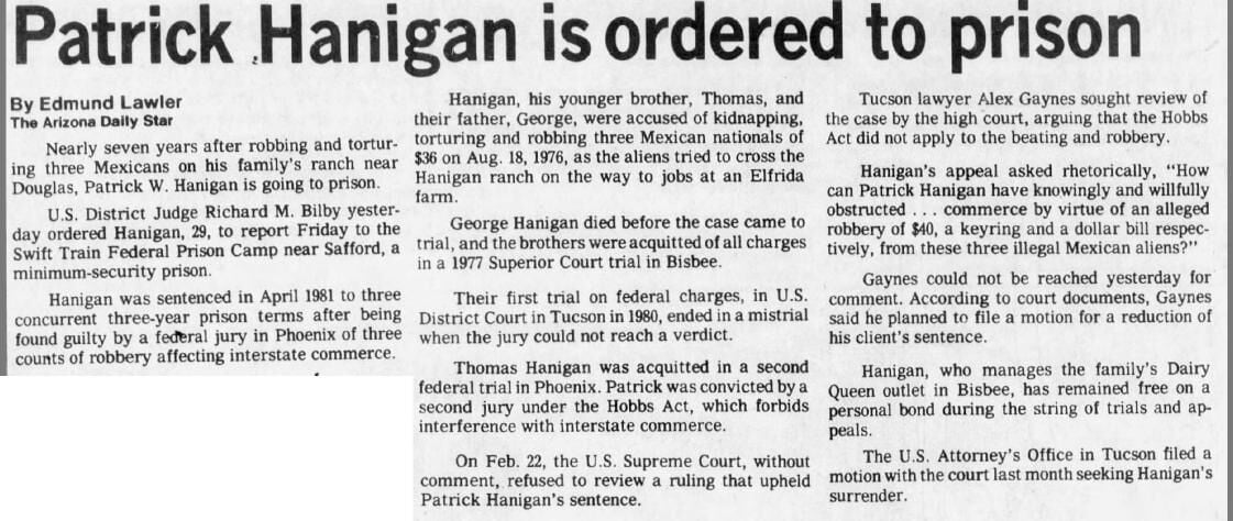 May 25, 1983: Patrick Hanigan is ordered to prison