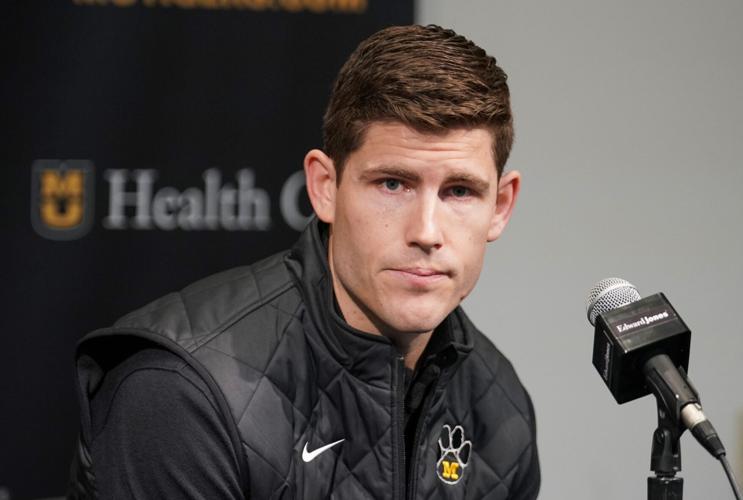Jan 7, 2023; Columbia, Missouri, USA; Missouri Tigers football team new offensive coordinator/quarterbacks coach Kirby Moore answers questions from reporters before the basketball game against the Vanderbilt Commodores Mizzou Arena. Mandatory Credit: Denny