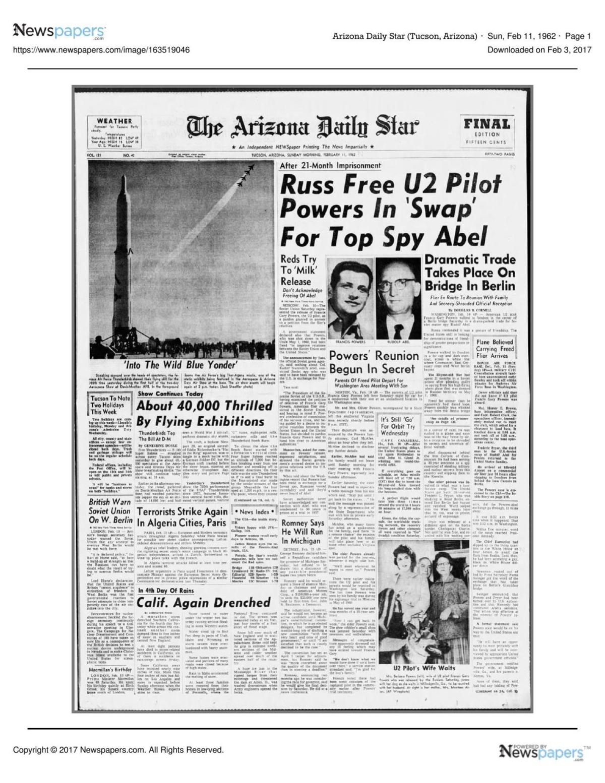 Arizona Daily Star front page Feb. 11, 1962