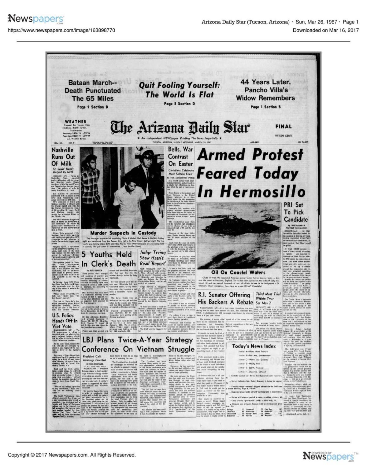 Arizona Daily Star front page March 26, 1967