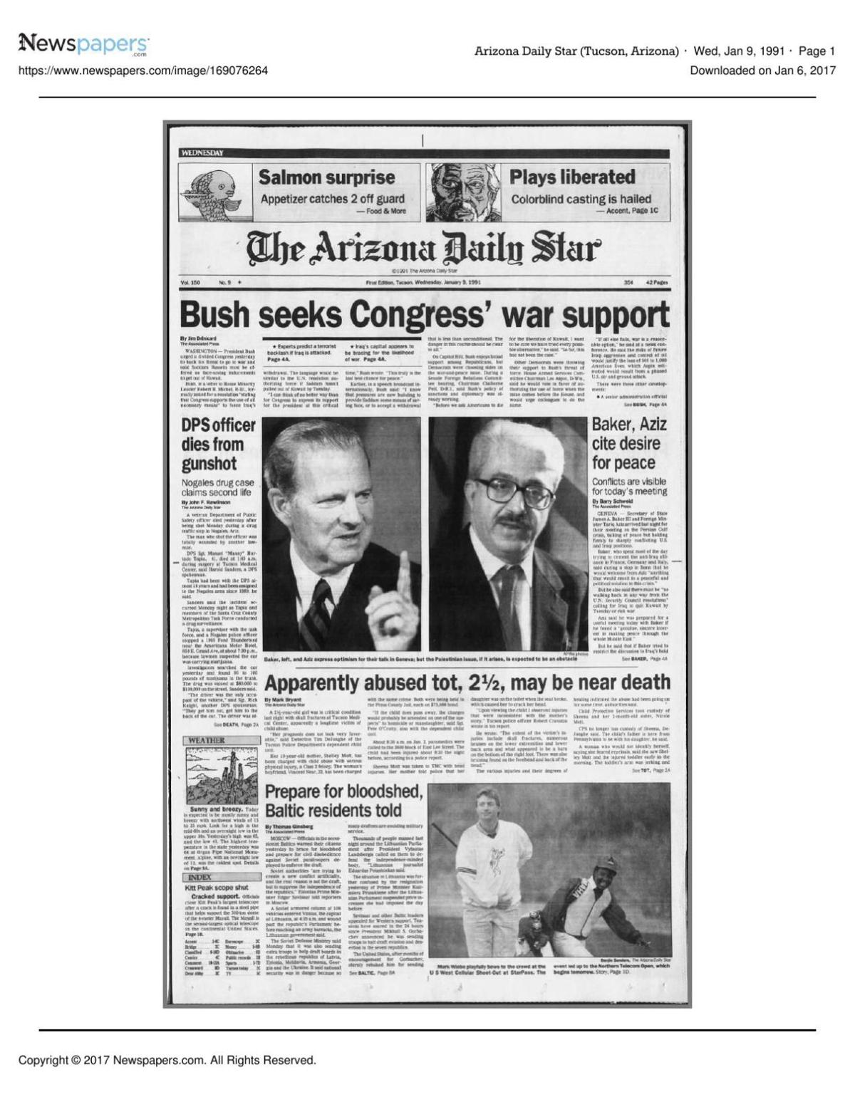 Arizona Daily Star front page Jan. 9, 1991