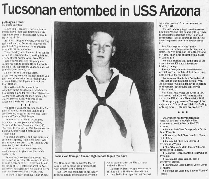 Dec. 1, 1991: Article about Tucsonan entombed in USS Arizona