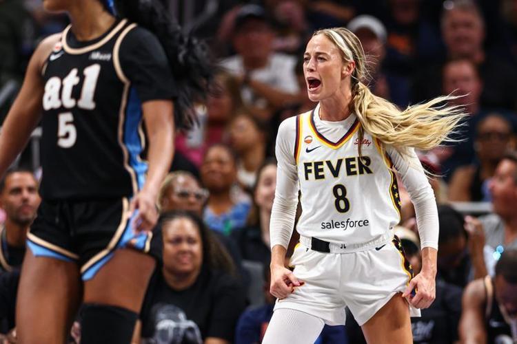 Aug 16, 2026; Atlanta, Georgia, USA; Indiana Fever guard Sophie Cunningham (8) reacts against the Atlanta Dream during the fourth quarter at State Farm Arena. Mandatory Credit: Colin Hubbard-Imagn Images