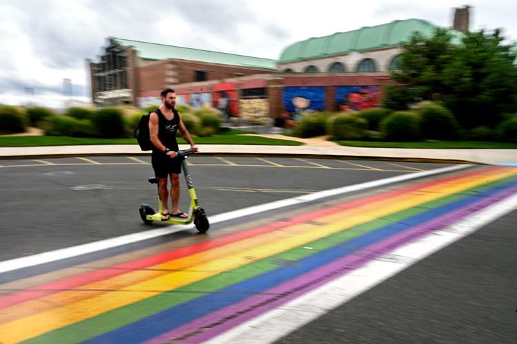 Pride rainbow on the street in Asbury Park, New Jersey, on Aug. 28, 2023, near the end of the summer and the weirdness and wonderfulness and diversity of the beach and boardwalk.