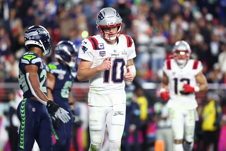 Feb 8, 2026; Santa Clara, CA, USA; New England Patriots quarterback Drake Maye (10) looks on during the fourth quarter against the Seattle Seahawks in Super Bowl LX at Levi's Stadium. Mandatory Credit: Mark J. Rebilas-Imagn Images