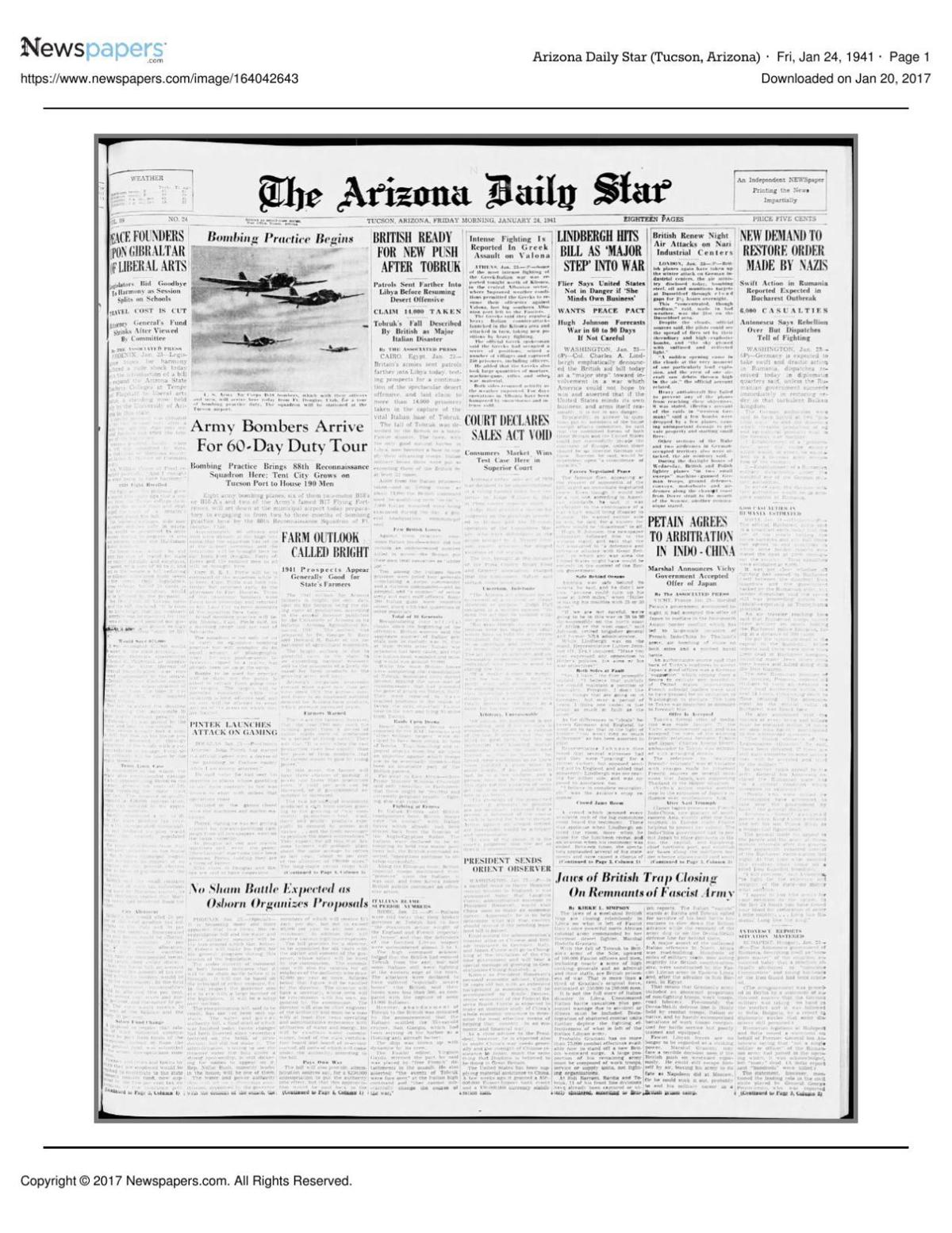 Arizona Daily Star front page Jan. 24, 1941