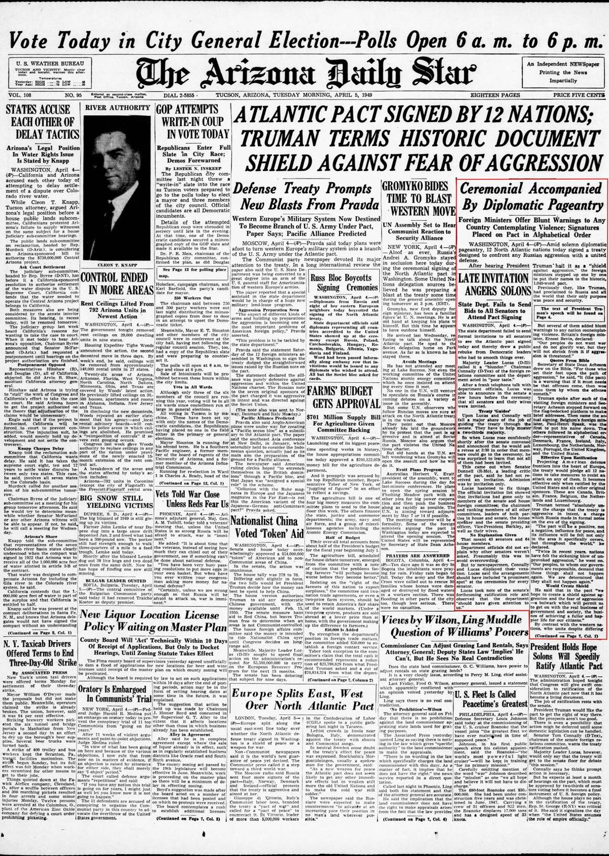 Tuesday, April 5, 1949, front page: NATO pact signed