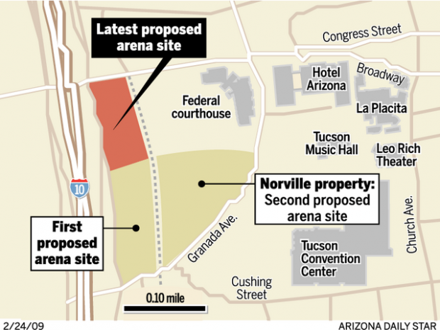 3rd Downtown site is picked for city's $130 million arena  