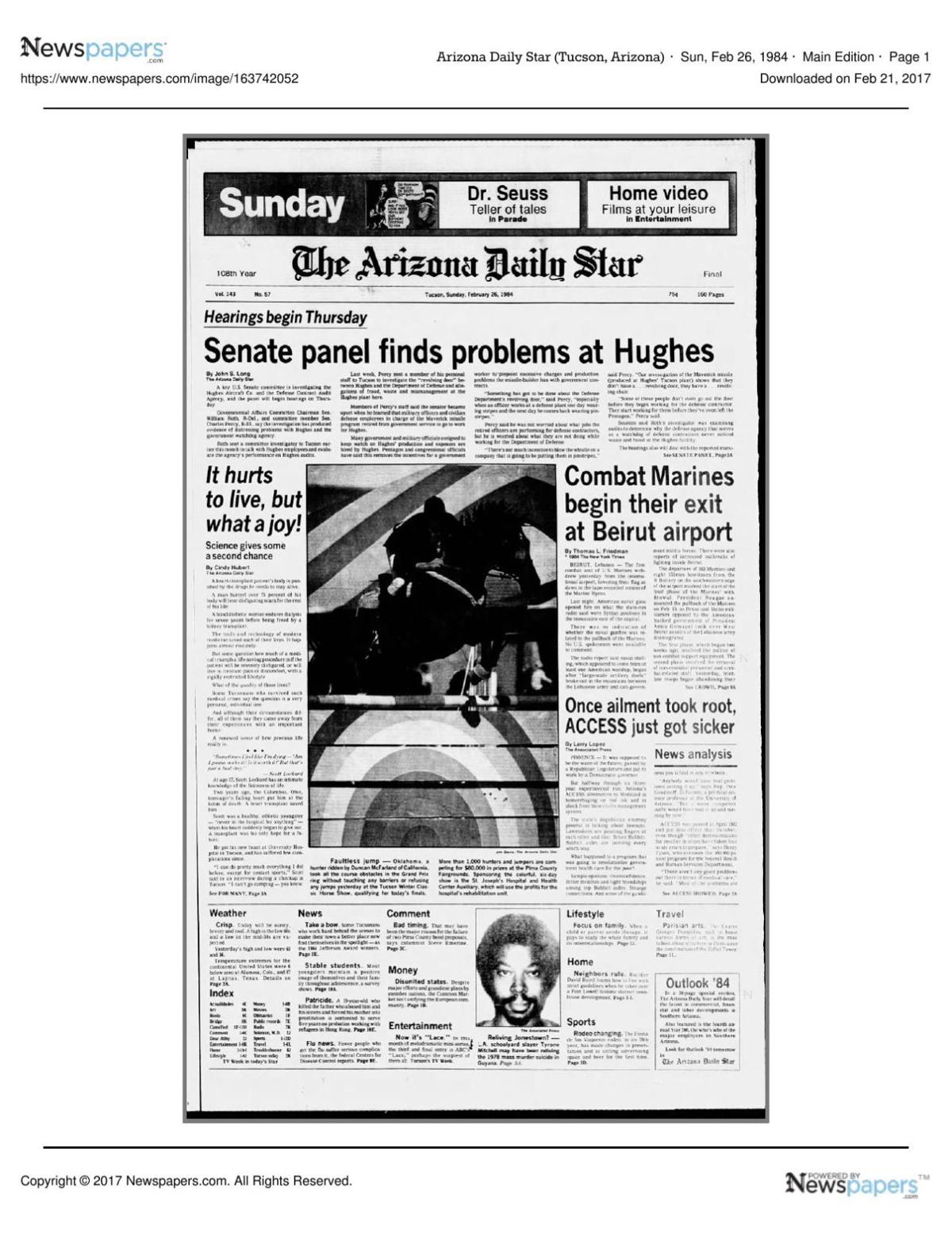 Arizona Daily Star front page Feb. 26, 1984