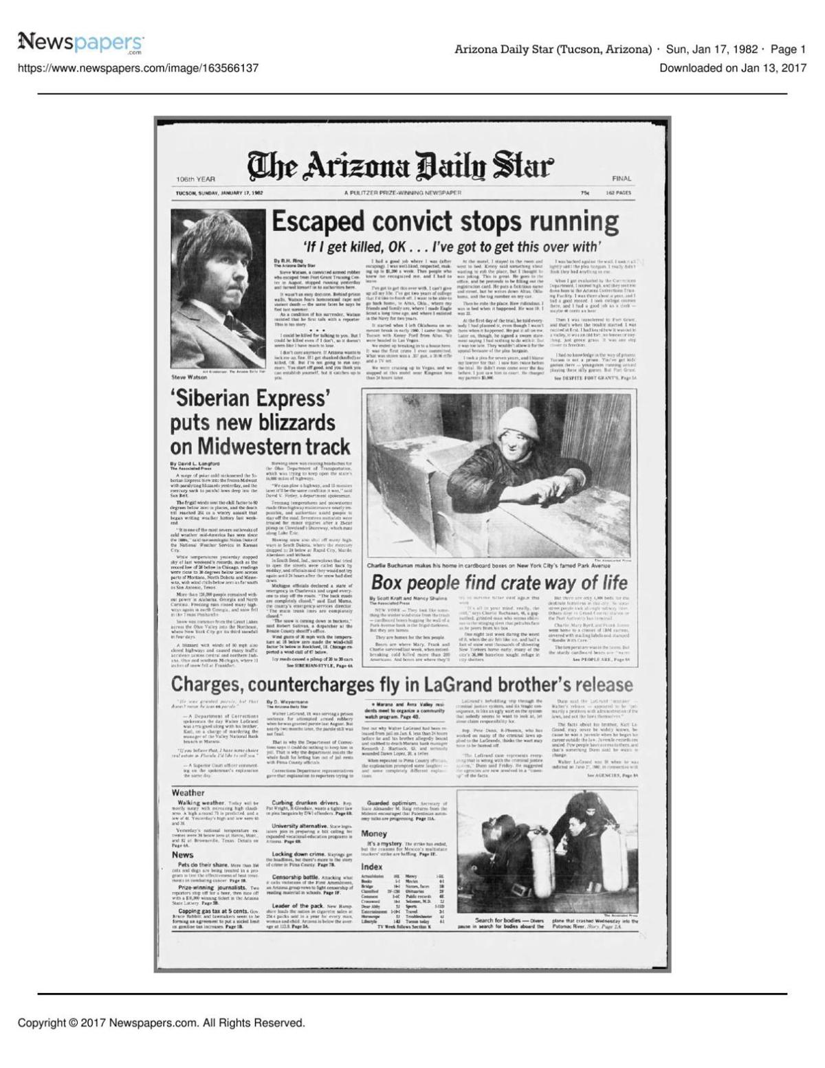 Arizona Daily Star front page Jan. 17, 1982