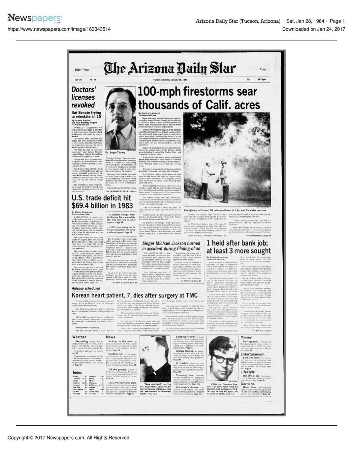 Arizona Daily Star front page Jan. 28, 1984