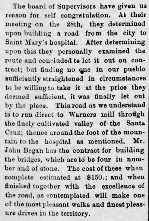 Arizona Daily Star article May 1, 1880, a road for St. Mary's Hospital