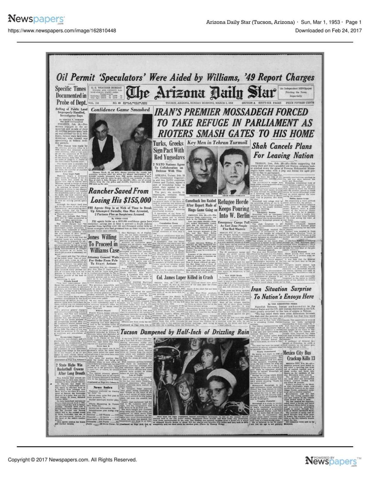 Arizona Daily Star front page March 1, 1953