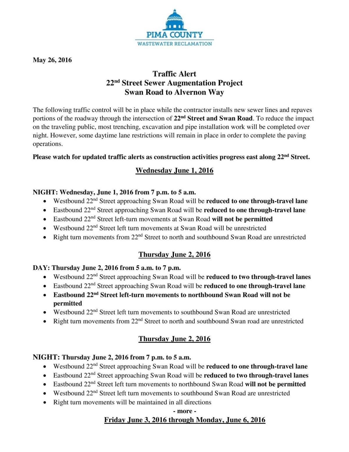 Traffic alert 22nd Street and Swan