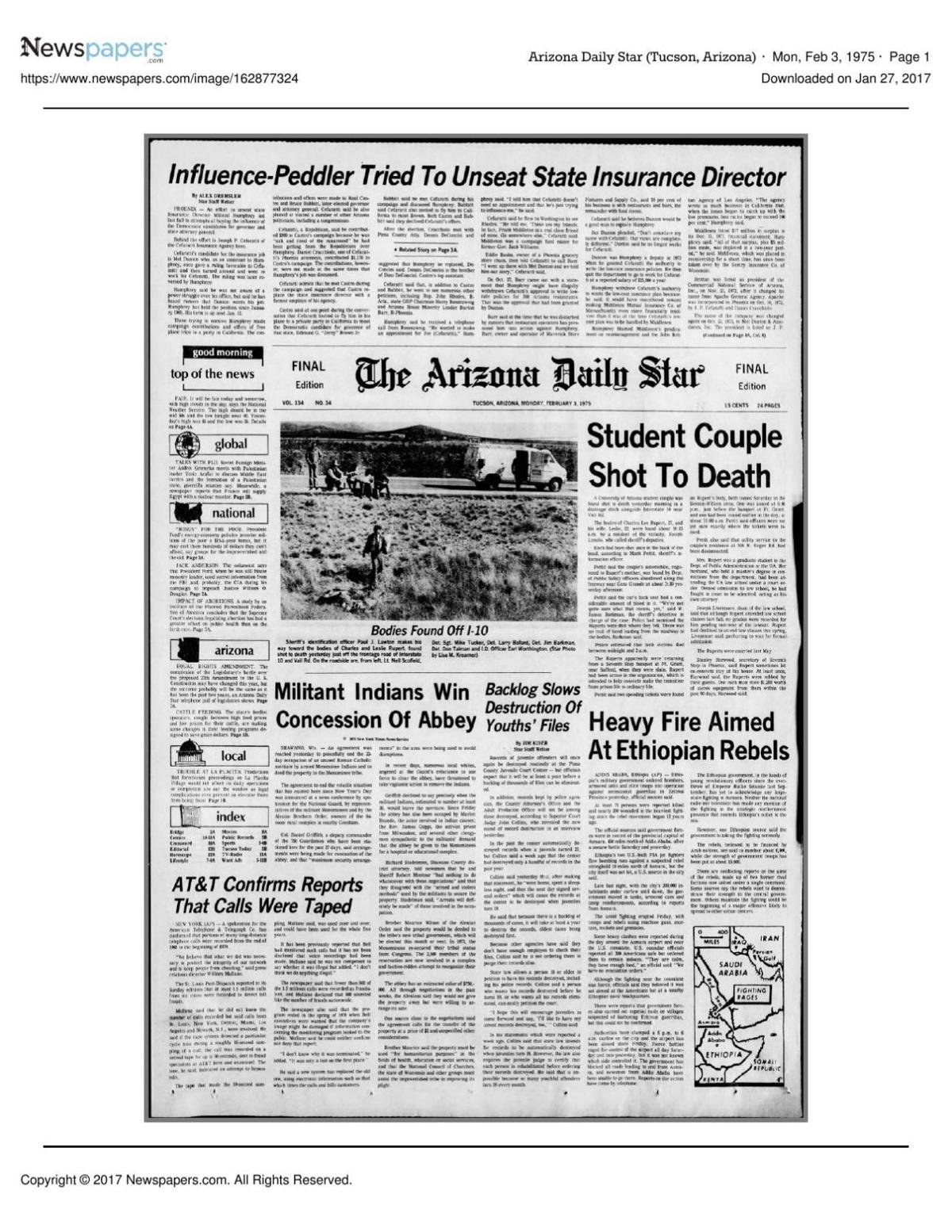 Arizona Daily Star front page Feb. 3, 1975