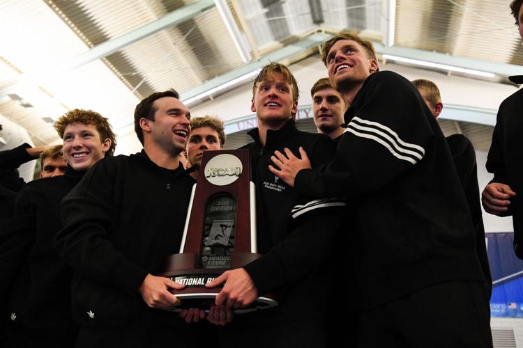 Grant House celebrates with his ASU teammates after his final college season in 2023. ASU finished second in the nation that season, the best finish in program history to that point. The next year, the Sun Devils would win the national championship.