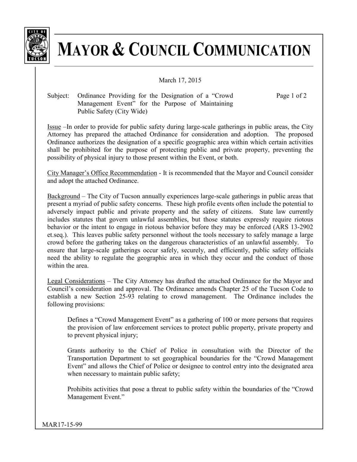 "Crowd management" ordinance memo