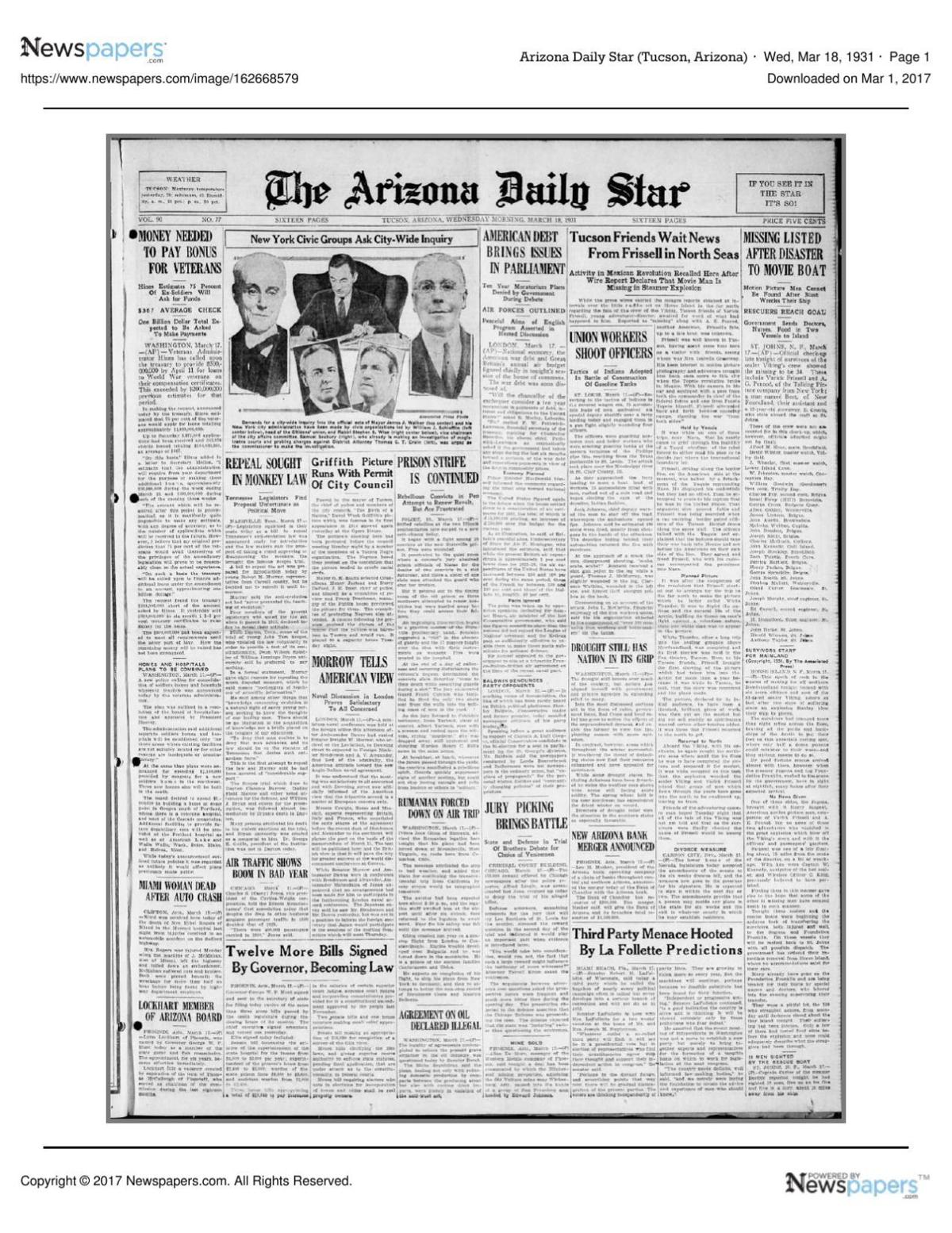 Arizona Daily Star front page March 18, 1931