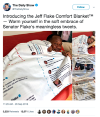 TV's 'Daily Show" mocks Sen. Jeff Flake with "comfort blanket" made from his tweets