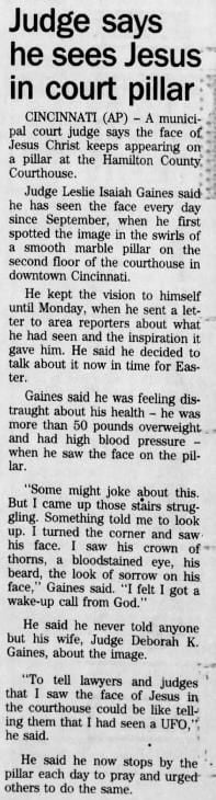 March 31, 1994: Jesus in court pillar