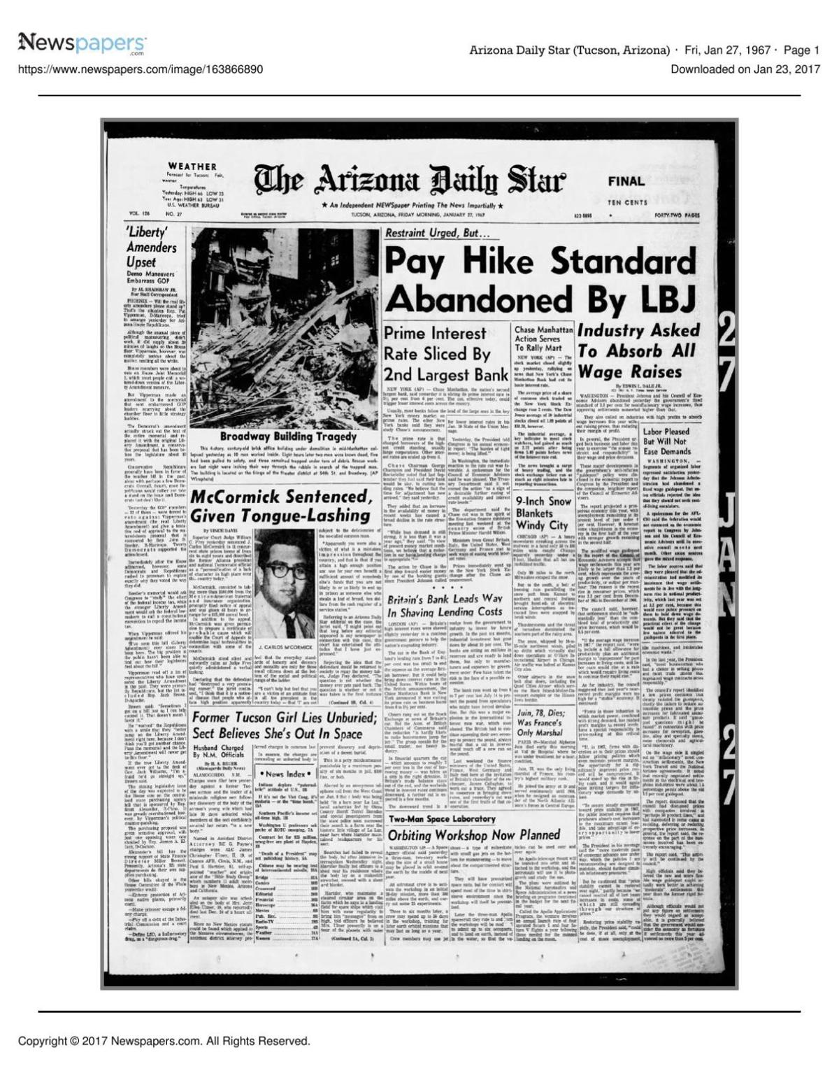 Arizona Daily Star front page Jan. 27, 1967