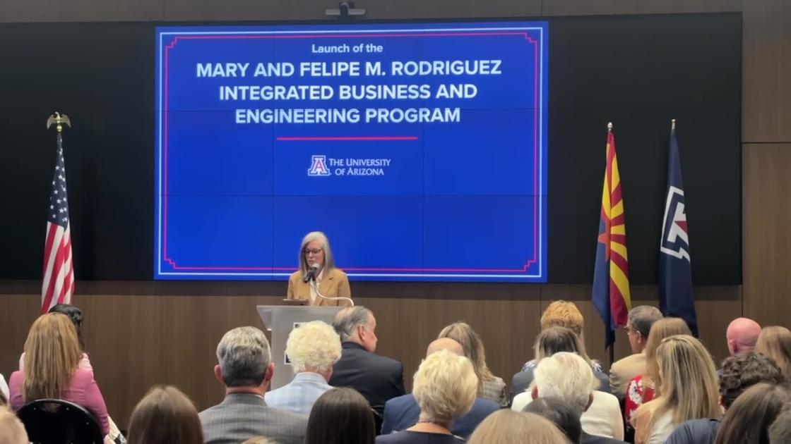Gov. Katie Hobbs speaks during the launch of the Mary and Felipe M. Rodriguez's integrated business and engineering program at the University of Arizona
