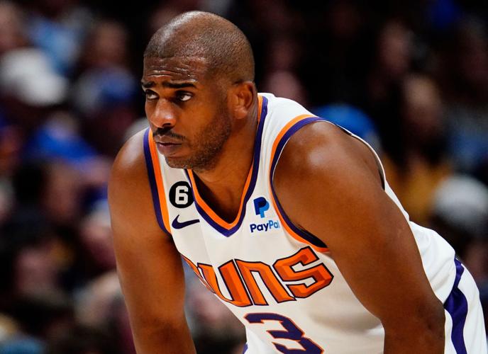 Phoenix Suns guard Chris Paul against the Denver Nuggets in the first half during Game 2 of the Western Conference Semifinals at Ball Arena in Denver on May 1, 2023.