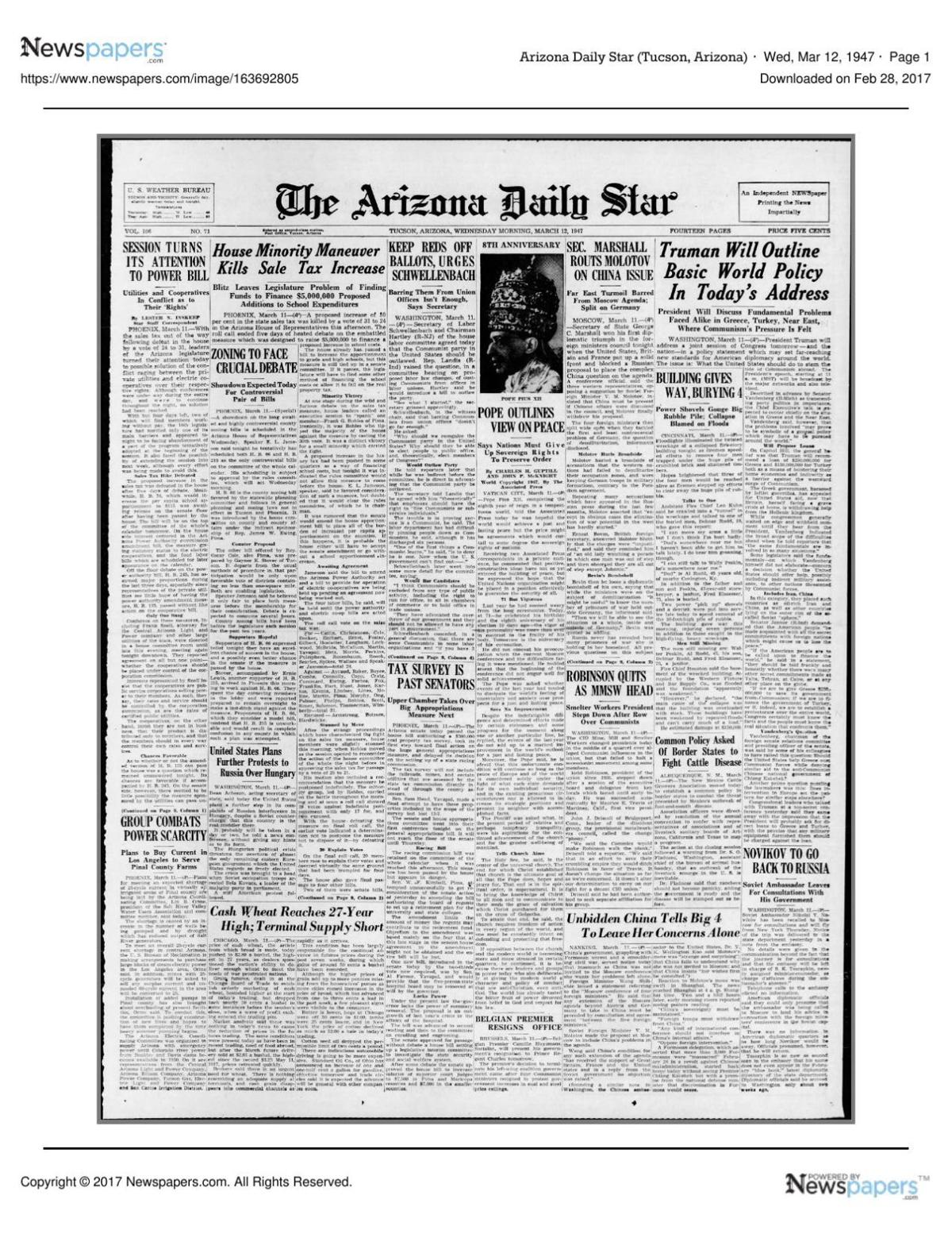Arizona Daily Star front page March 12, 1947