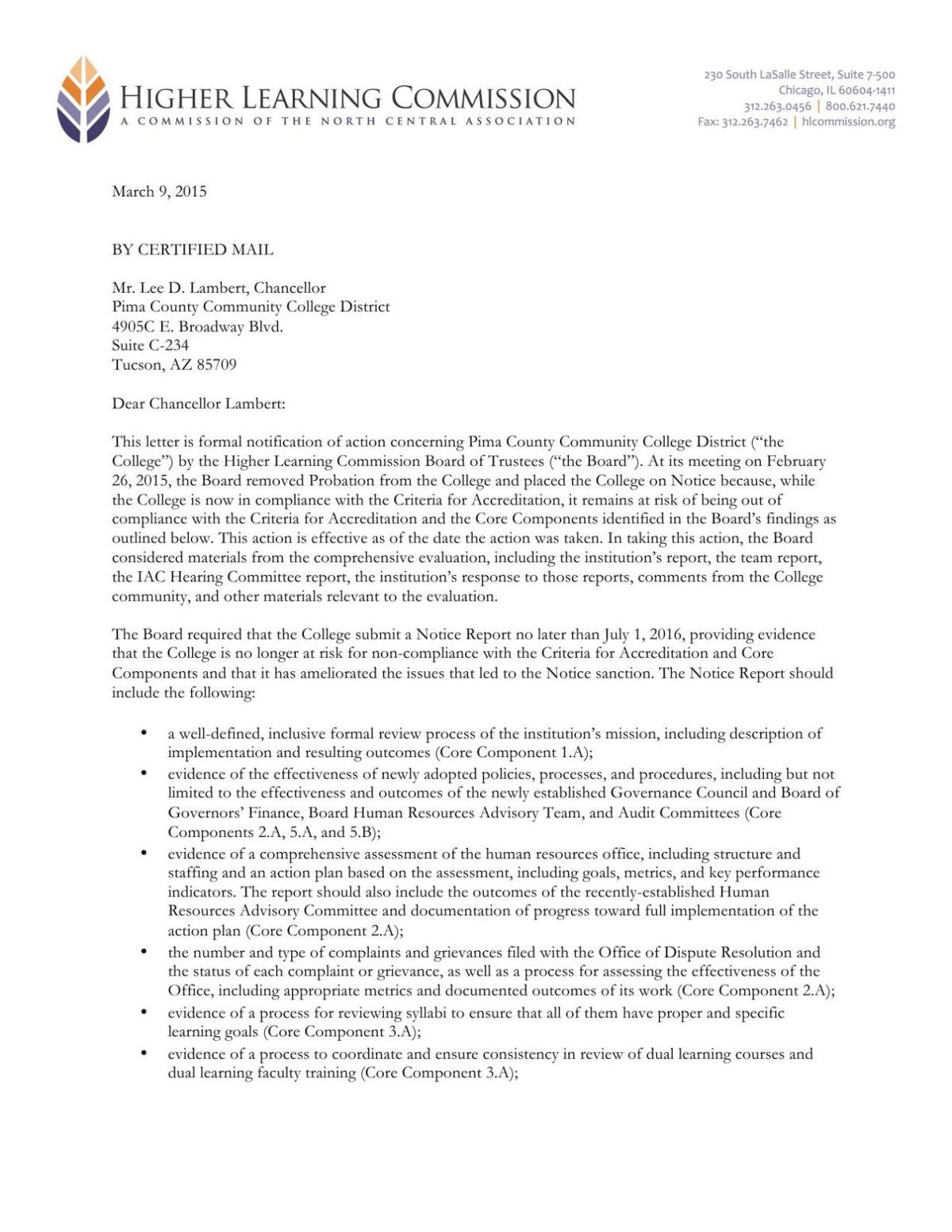 Formal notification of action from HLC concerning Pima Community College