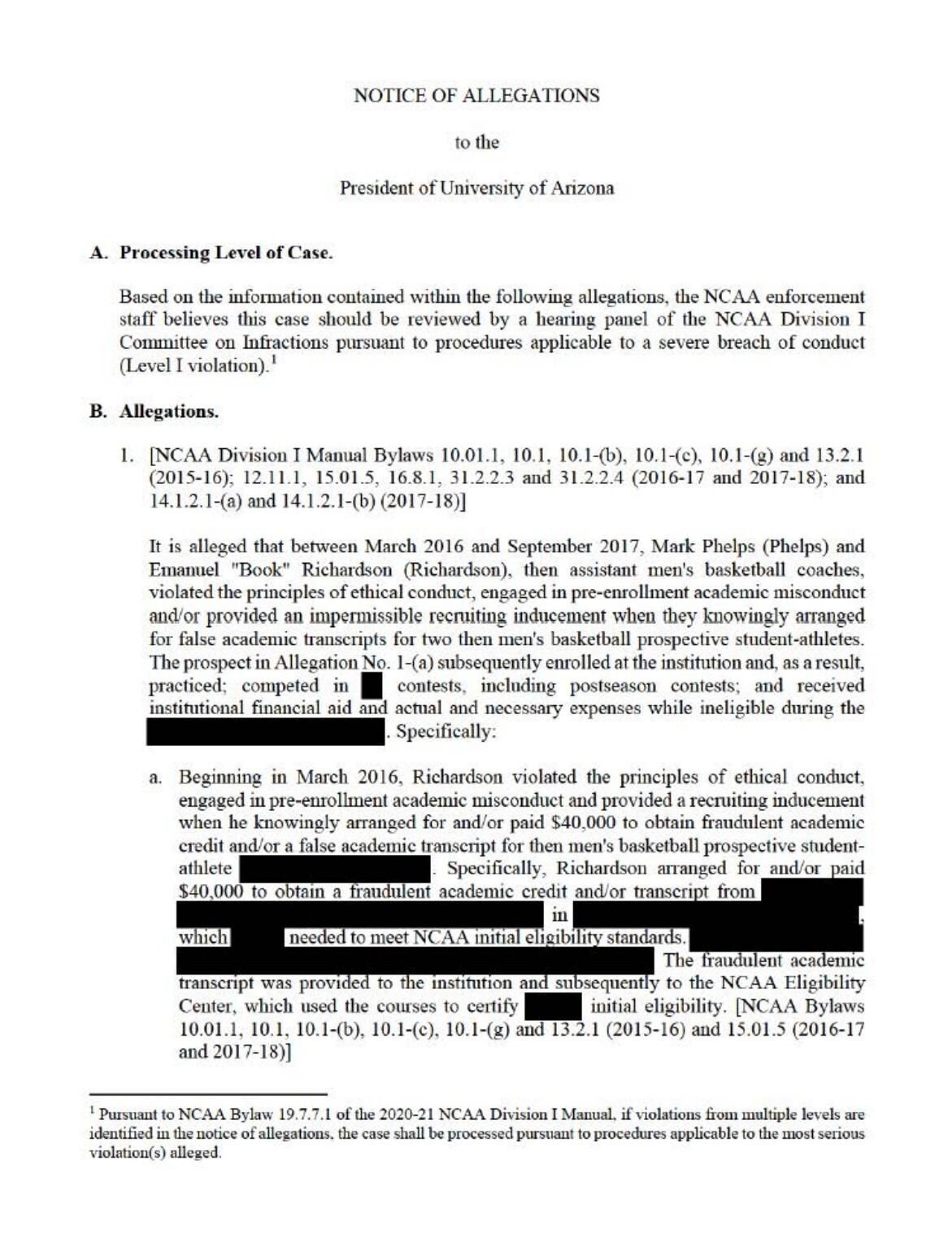 Read the NCAA's 22-page Notice of Allegations against Arizona
