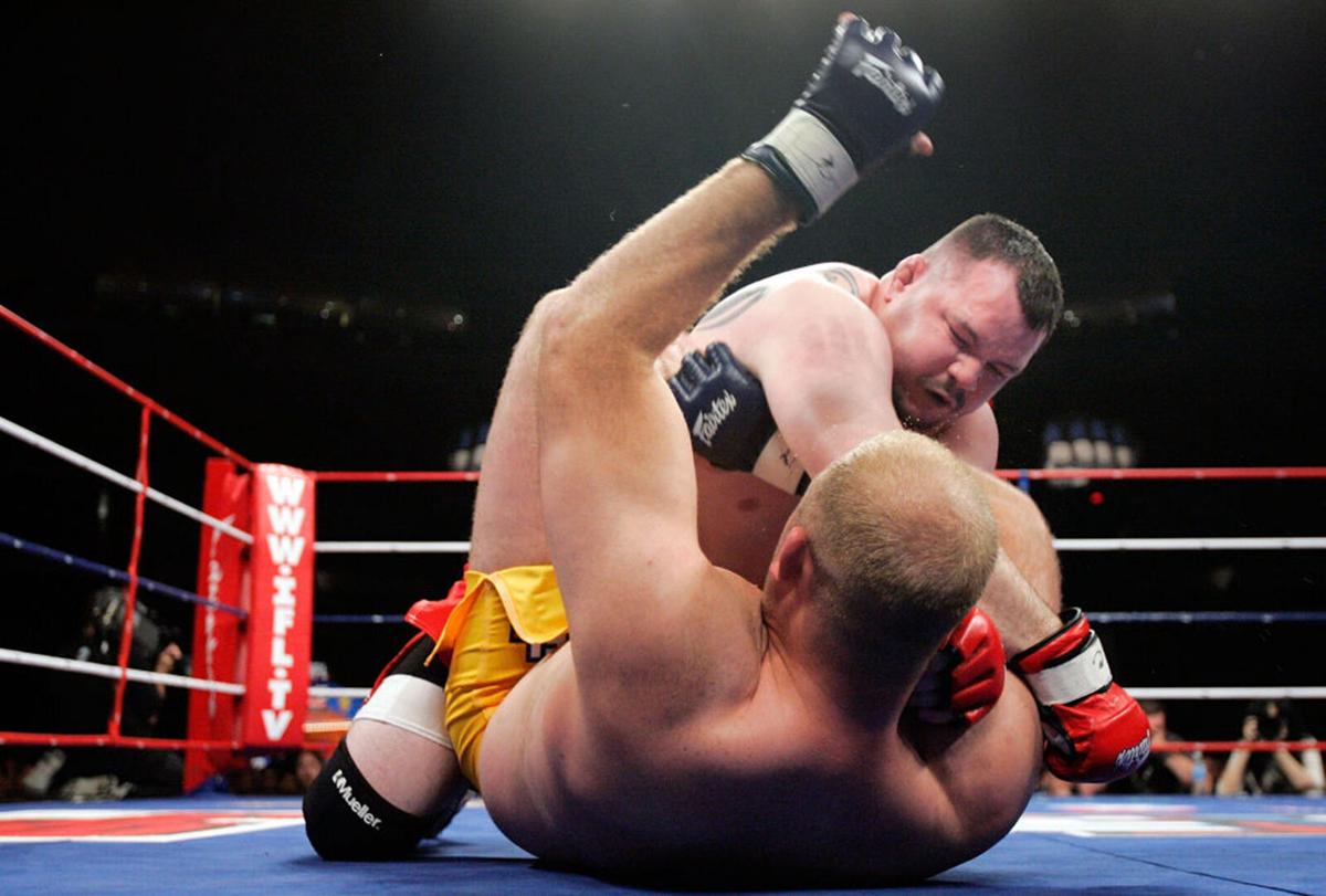 Travis Fulton of the Red Bears fights Ben Rothwell of the Silverbacks on May 19, 2007 at the Sears Centre in Chicago, Illinois.