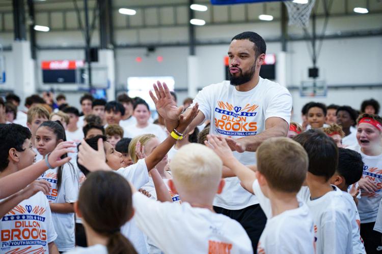 Campers get excited for Dillon Brooks at the Dillon Brooks Youth Basketball Camp at Arizona Athletic Grounds on Sept. 12, 2026, in Mesa.