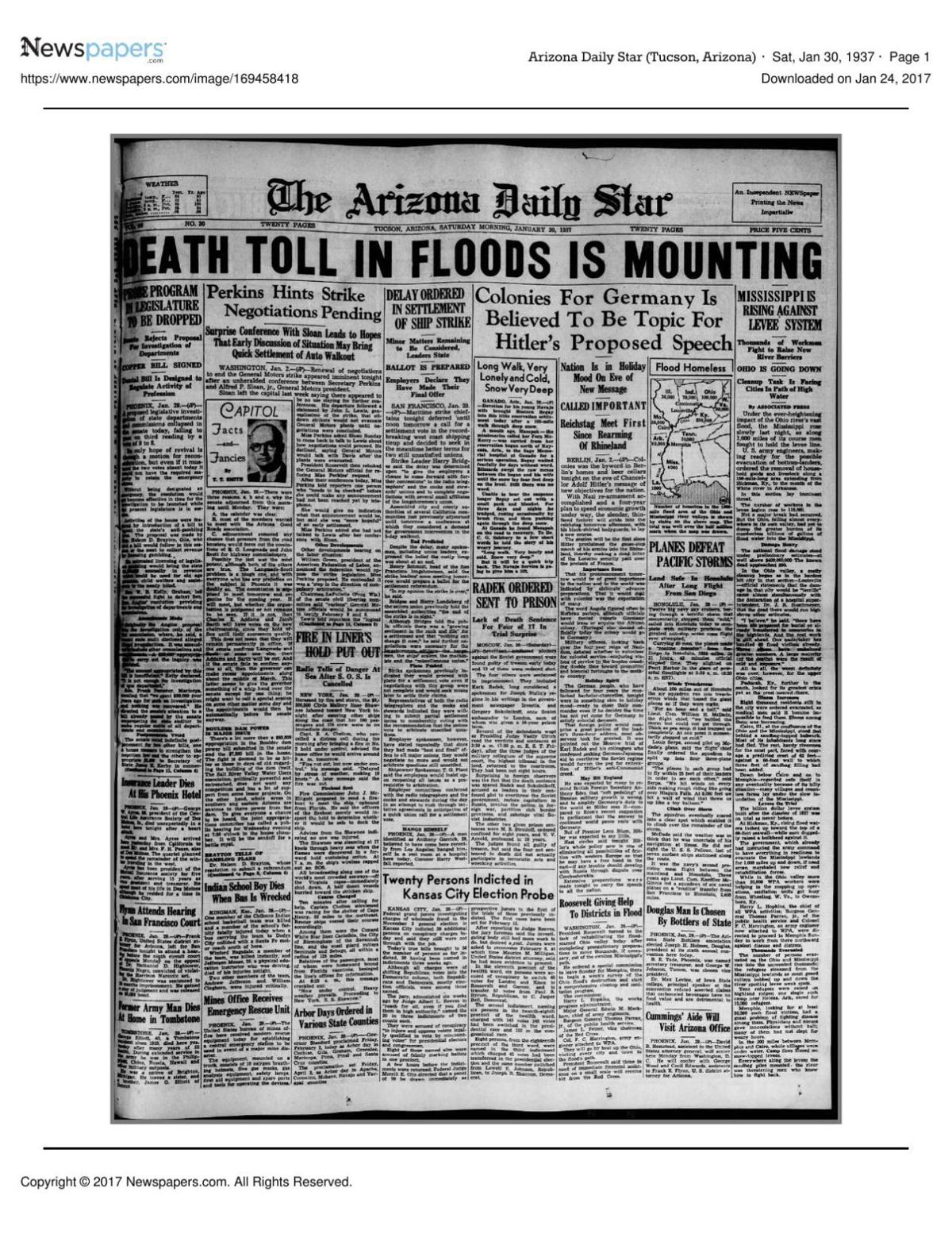 Arizona Daily Star front page Jan. 30, 1937