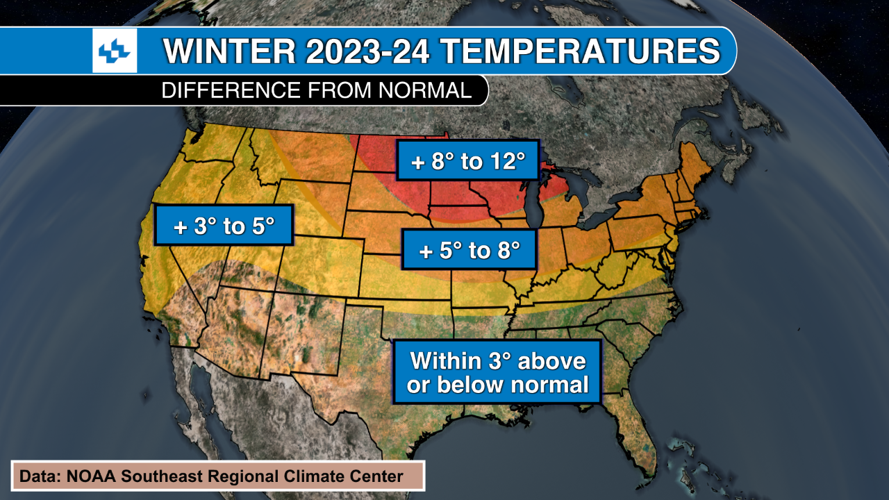 Winter 2023-24 temperature departure from normal