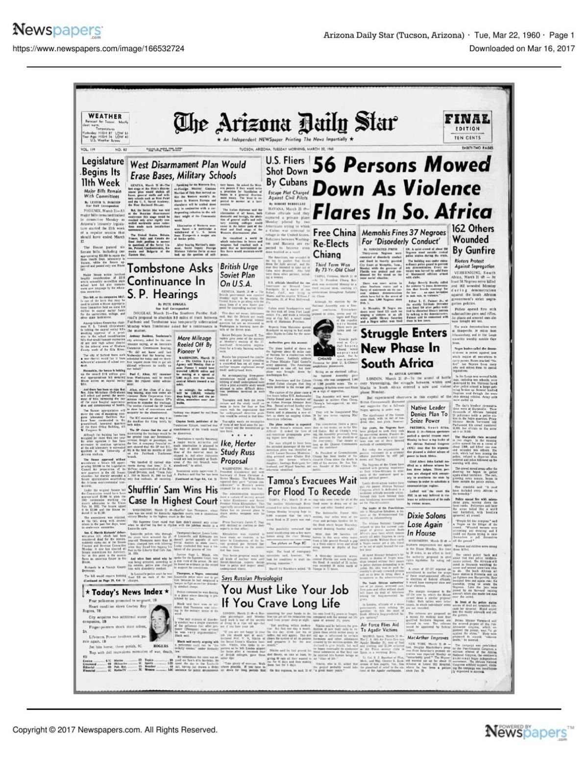 Arizona Daily Star front page March 22, 1960