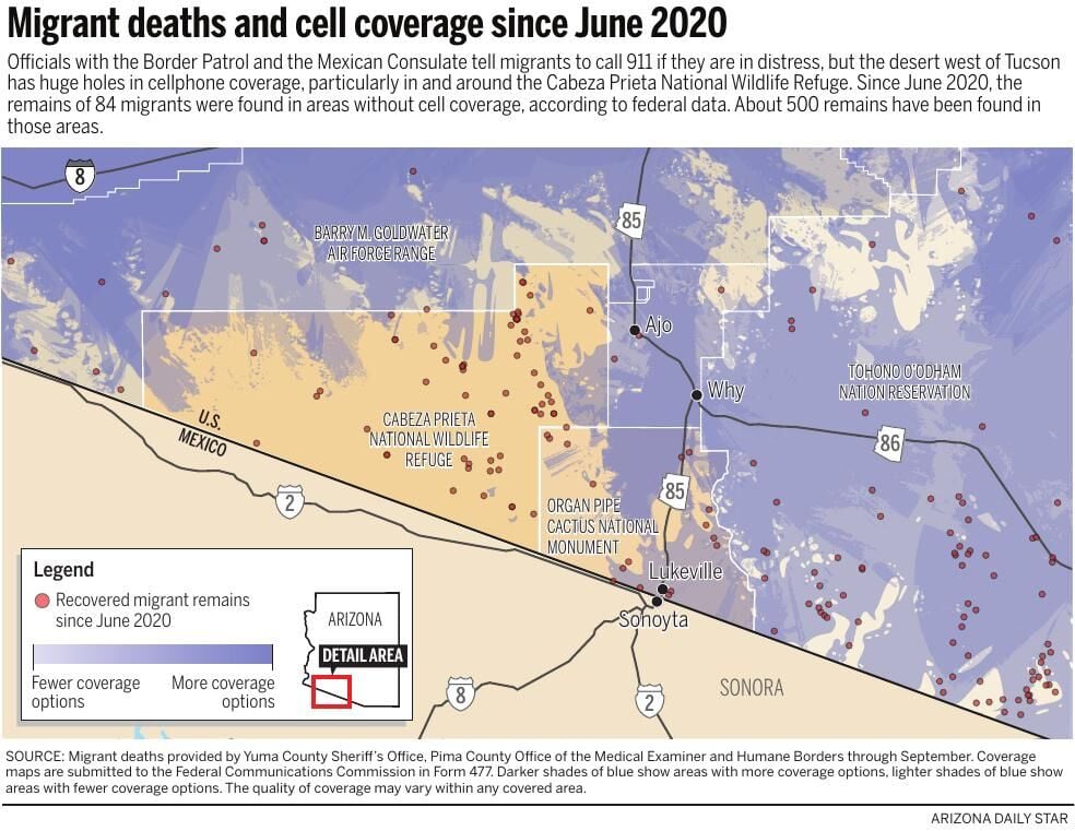 Migrant deaths and cell coverage since June 2020