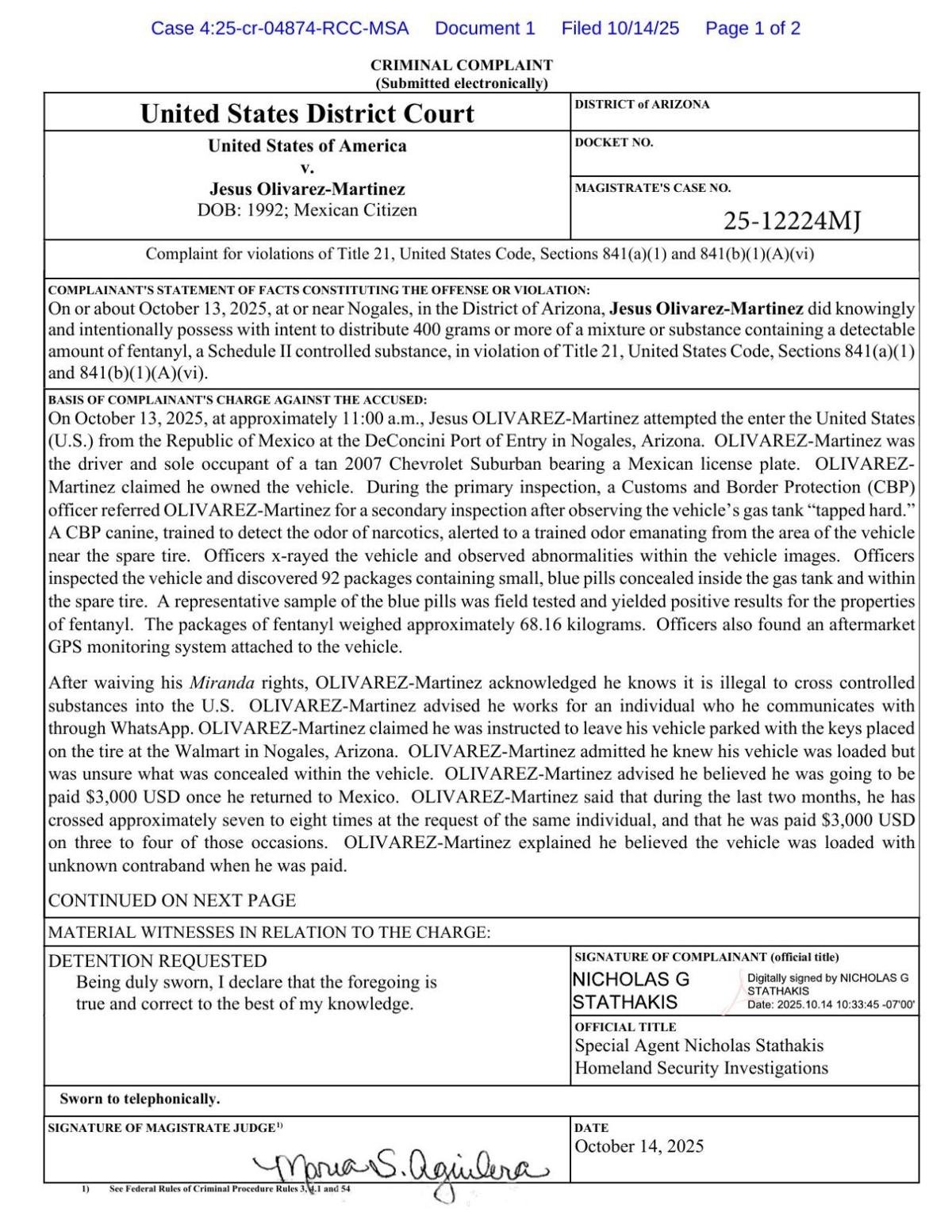 Criminal complaint against accused fentanyl smuggler