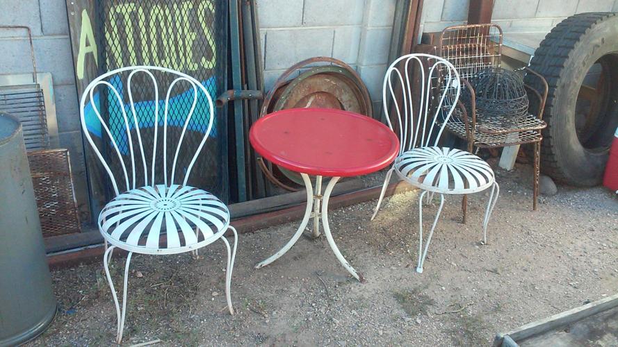 Backyard chairs, tables, plant stands