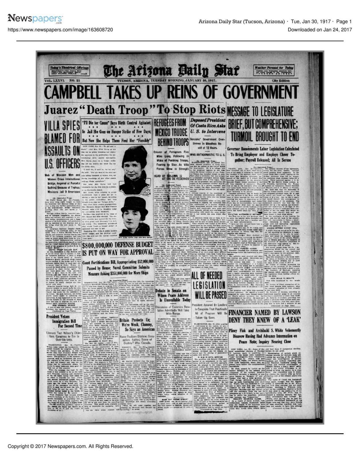 Arizona Daily Star front page Jan. 30, 1917