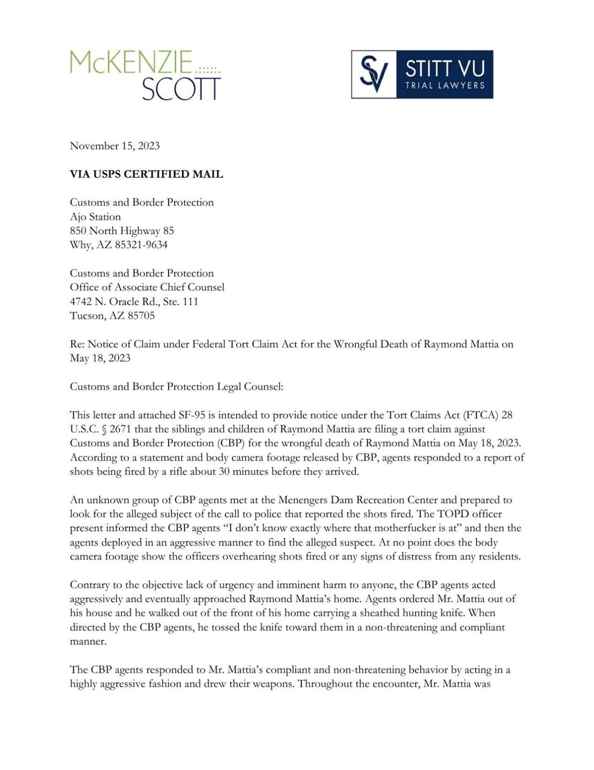 Mattia family's notice of claim