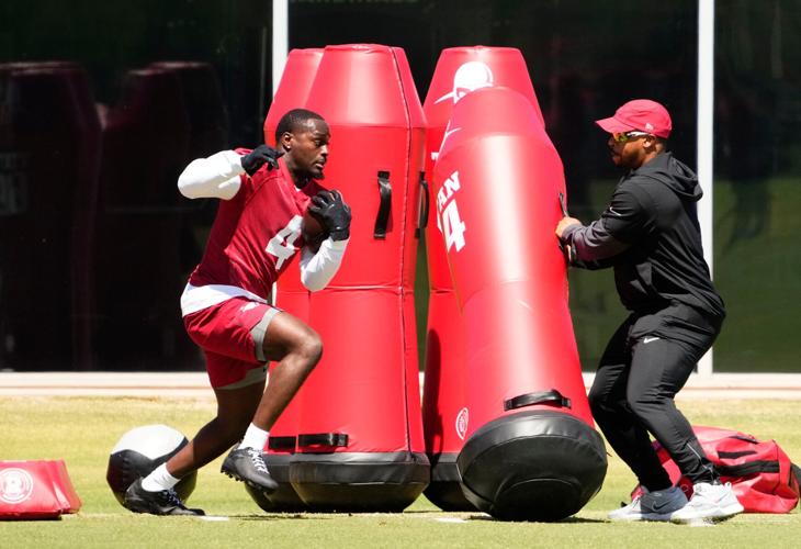 Arizona Cardinals running back Jeremiyah Love (4) during rookie mini-camp practice on May 8, 2026, at the Dignity Health Arizona