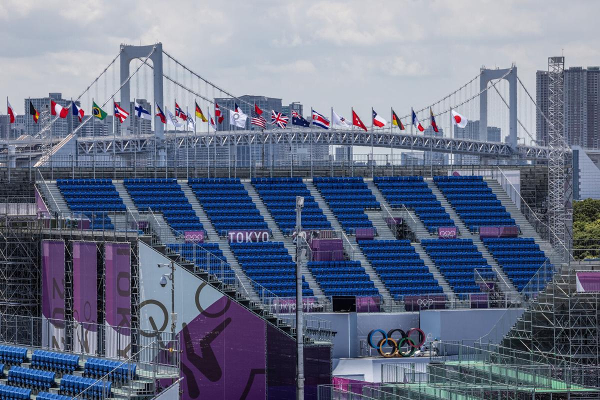 Rainbow Bridge stands in the distance behind Ariake Urban Sports Park on July 22, 2021, in Tokyo, Japan.