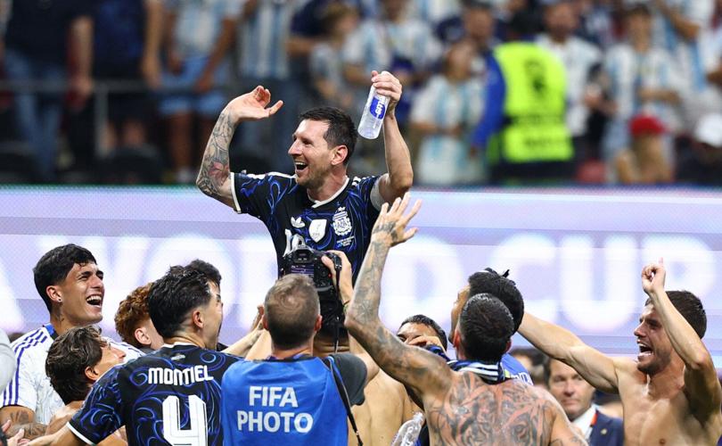 July 15, 2026; Atlanta, Georgia, U.S.; Argentina's Lionel Messi and teammates celebrate after the match.  Mandatory Credit: Nathan Ray Seebeck-Imagn Images