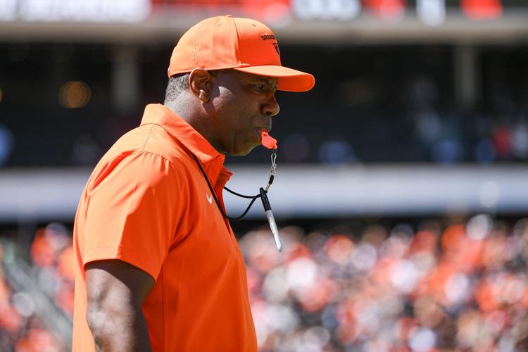 Oregon State head coach JaMarcus Shephard watches his team warm up before the Oregon State Spring Game at Reser Stadium on