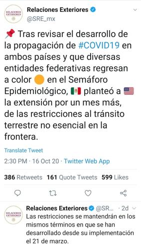 Tuit SRE: Cierre en la frontera