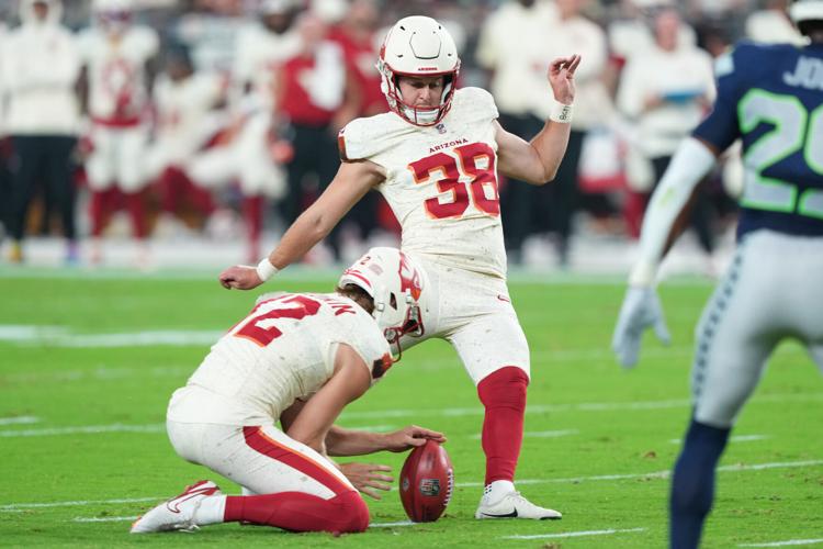 Sep 25, 2025; Glendale, Arizona, USA; Arizona Cardinals place kicker Chad Ryland (38) kicks a field goal against the Seattle Seahawks in the first quarter at State Farm Stadium. Mandatory Credit: Joe Camporeale-Imagn Images