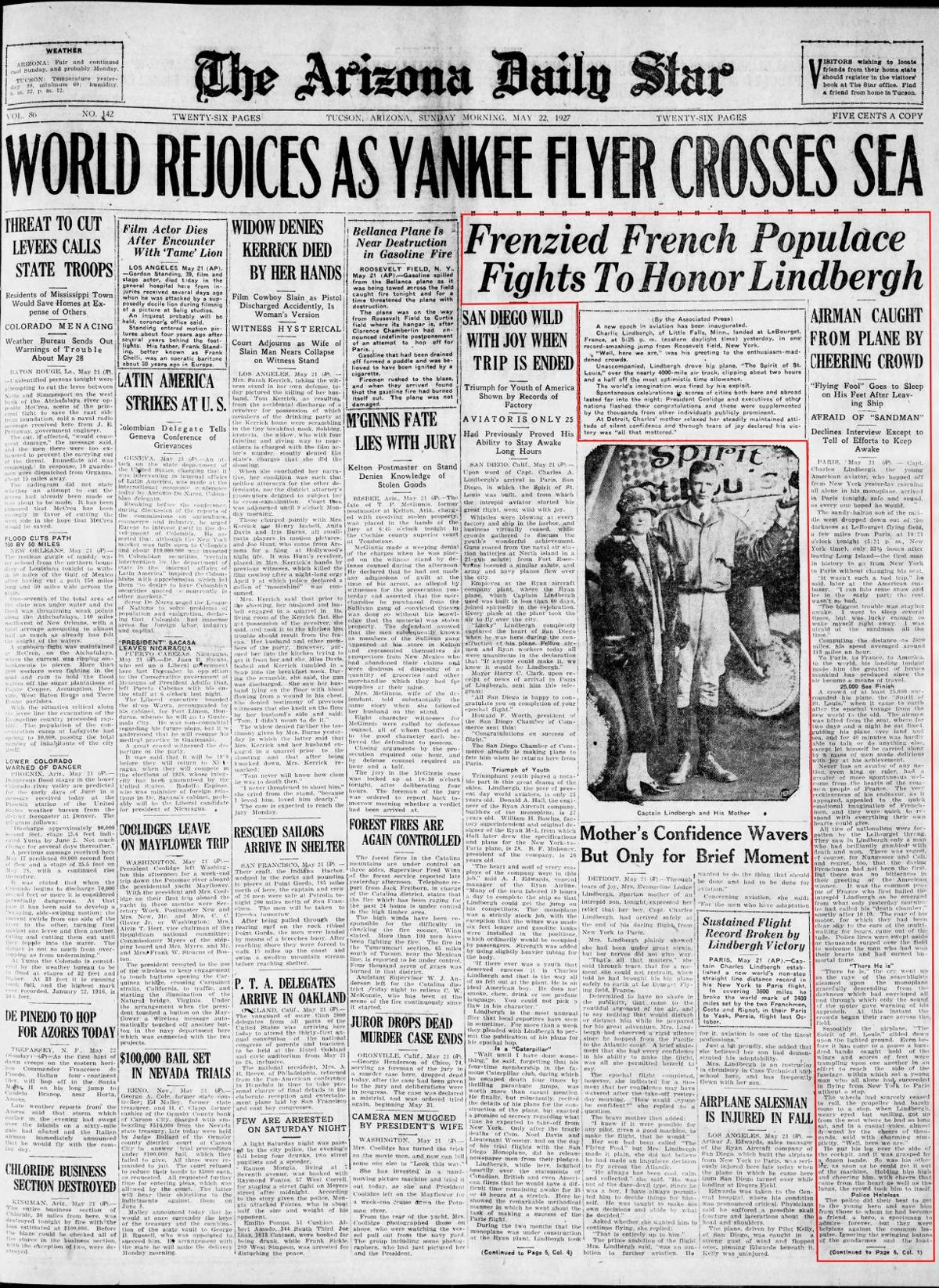 Sunday, May 22, 1927, front page: Lindbergh crosses the Atlantic